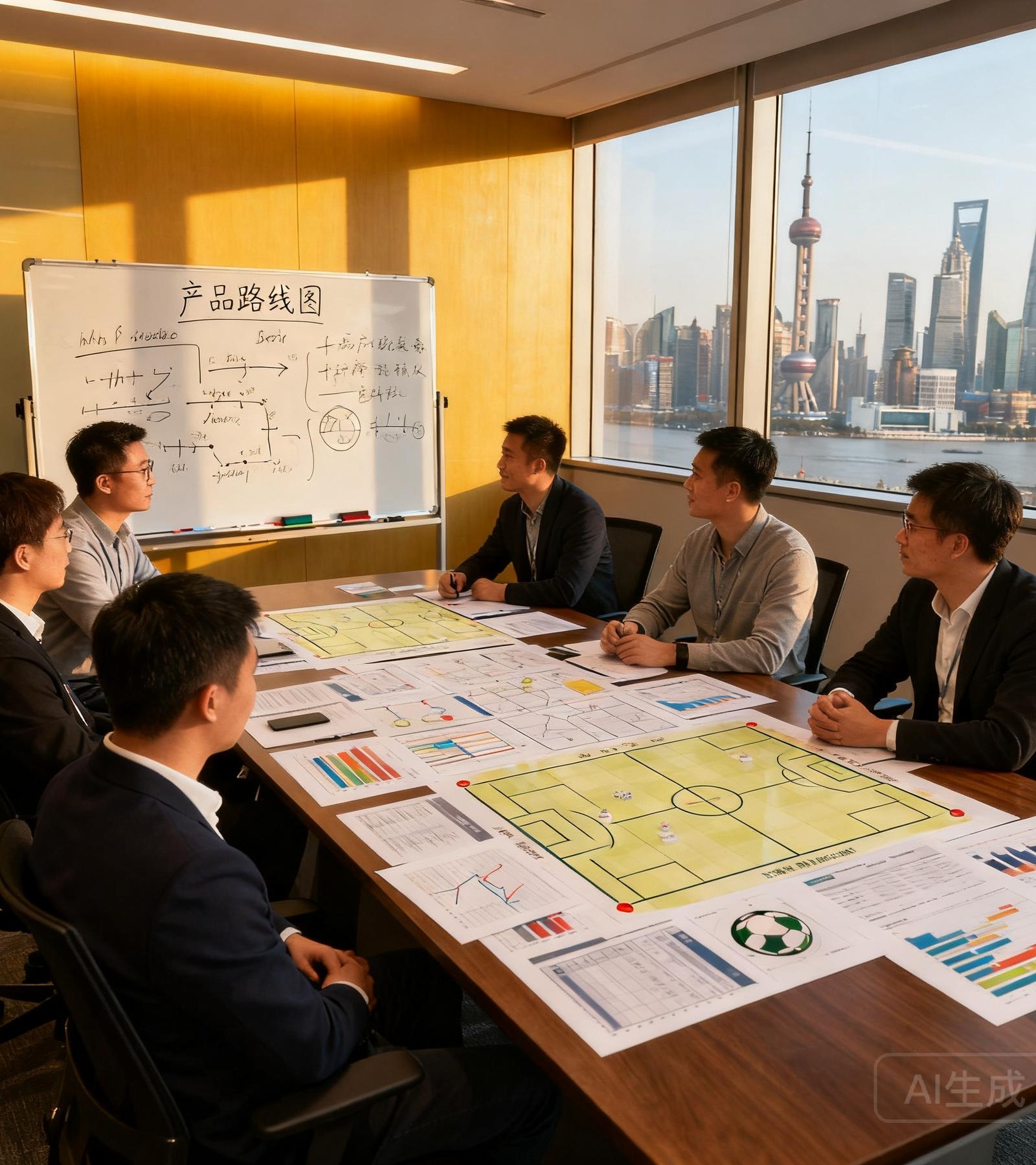 足球吧创始团队六名核心成员围坐在会议室长桌旁，桌上铺满了战术分析图表和数据报告，白板上写满了产品路线图，窗外是上海浦东的城市天际线